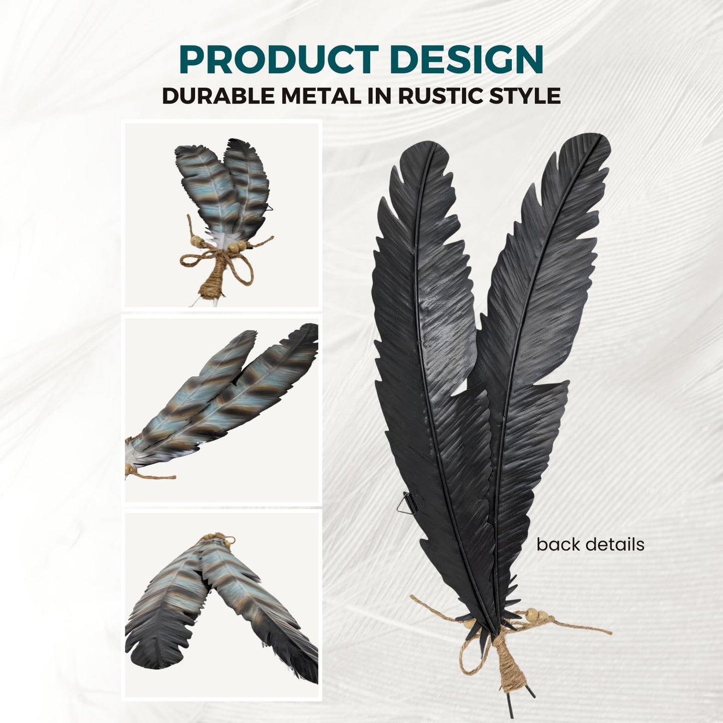 AMAJY Rustic Metal Feathers Wall Hanging Décor - Southwest Boho Chic, Rustic, Nature-Inspired, and Spiritual Home Decoration - Metal Wall Art for Living Room, Bedroom, Office - 8x20 Inches