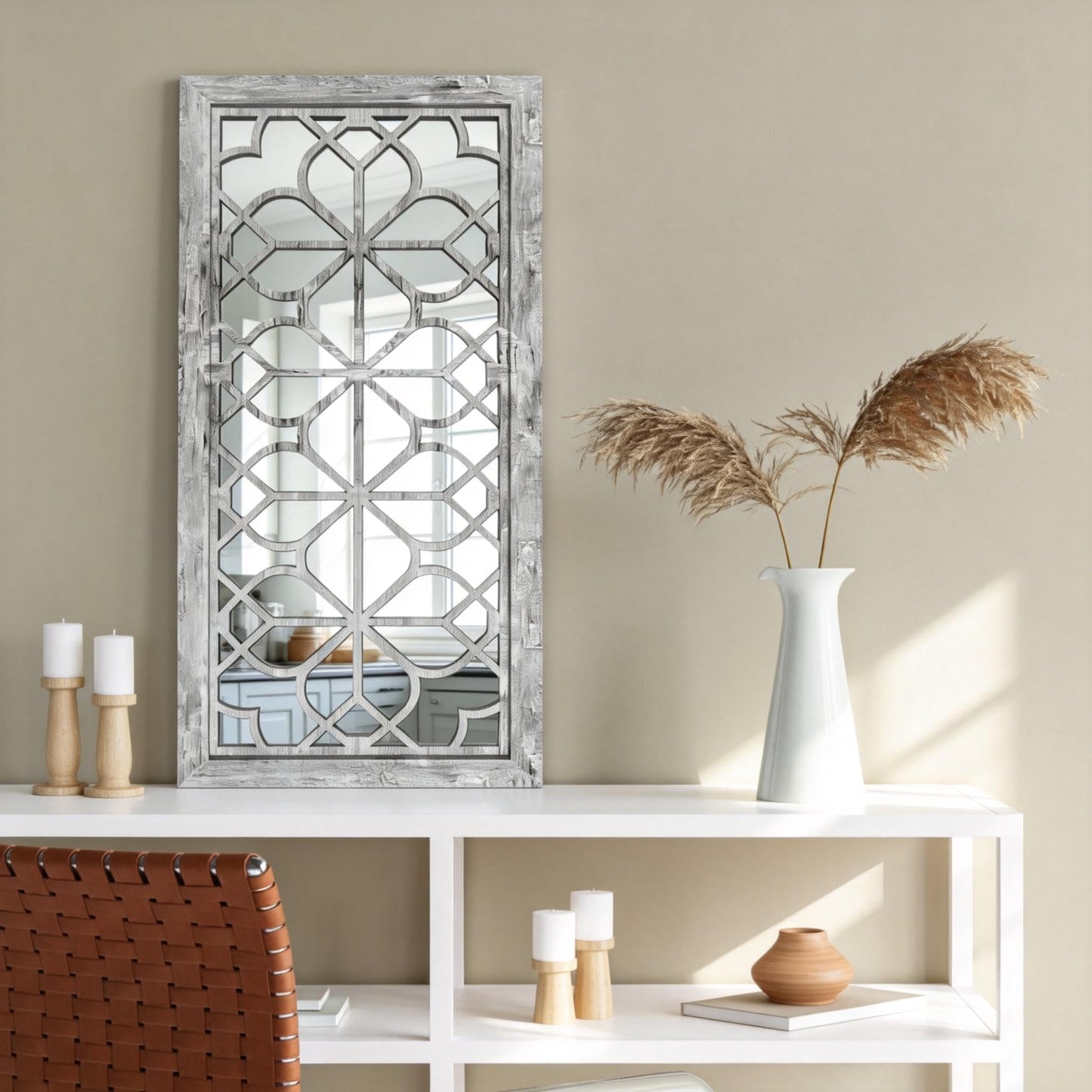 HMANGE Set of 2 13x30 Inch Large Grey Shatterproof Carved Floral Wood Frame Wall Mirrors, Boho Farmhouse Rustic Accent Mirrors for Living Room Bedroom Bathroom & Home Decor