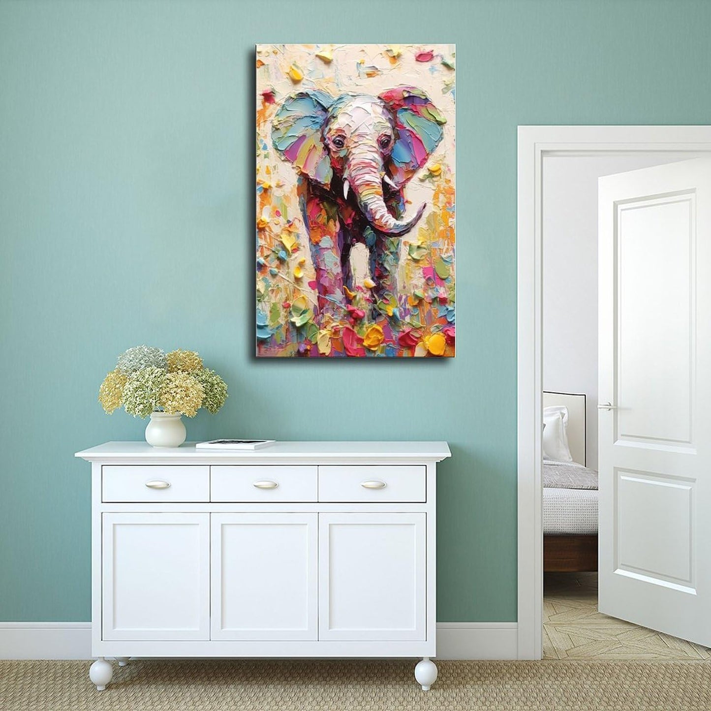 Fyzuf Elephant Wall Art - Oil Painting on Canvas, Cubism Style, Colorful Elephant Aesthetic, 12x18inch (30x45cm) Unframed