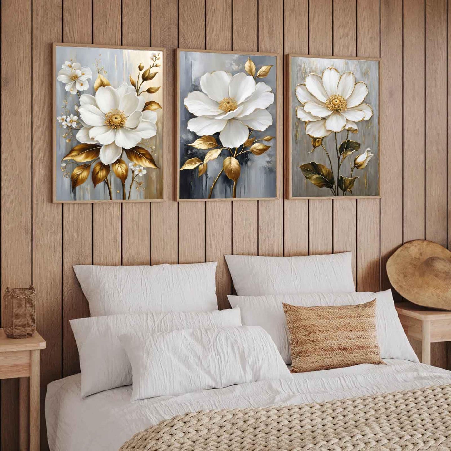 3Pcs White Flower Gold Leaf Canvas Wall Art Modern Plants Flowers Painting Decor Pictures Neutral Floral Bloom Posters Prints for Office Living Room Bathroom Bedroom Decoration No Frames