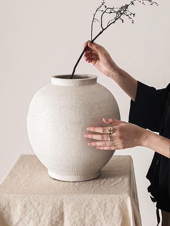 White Ceramic Vase - Large 12.5 Inch Round Floor Vase for Centerpieces, Farmhouse Flower Vases, Rustic Minimalist Home Decor (Sandstone White)