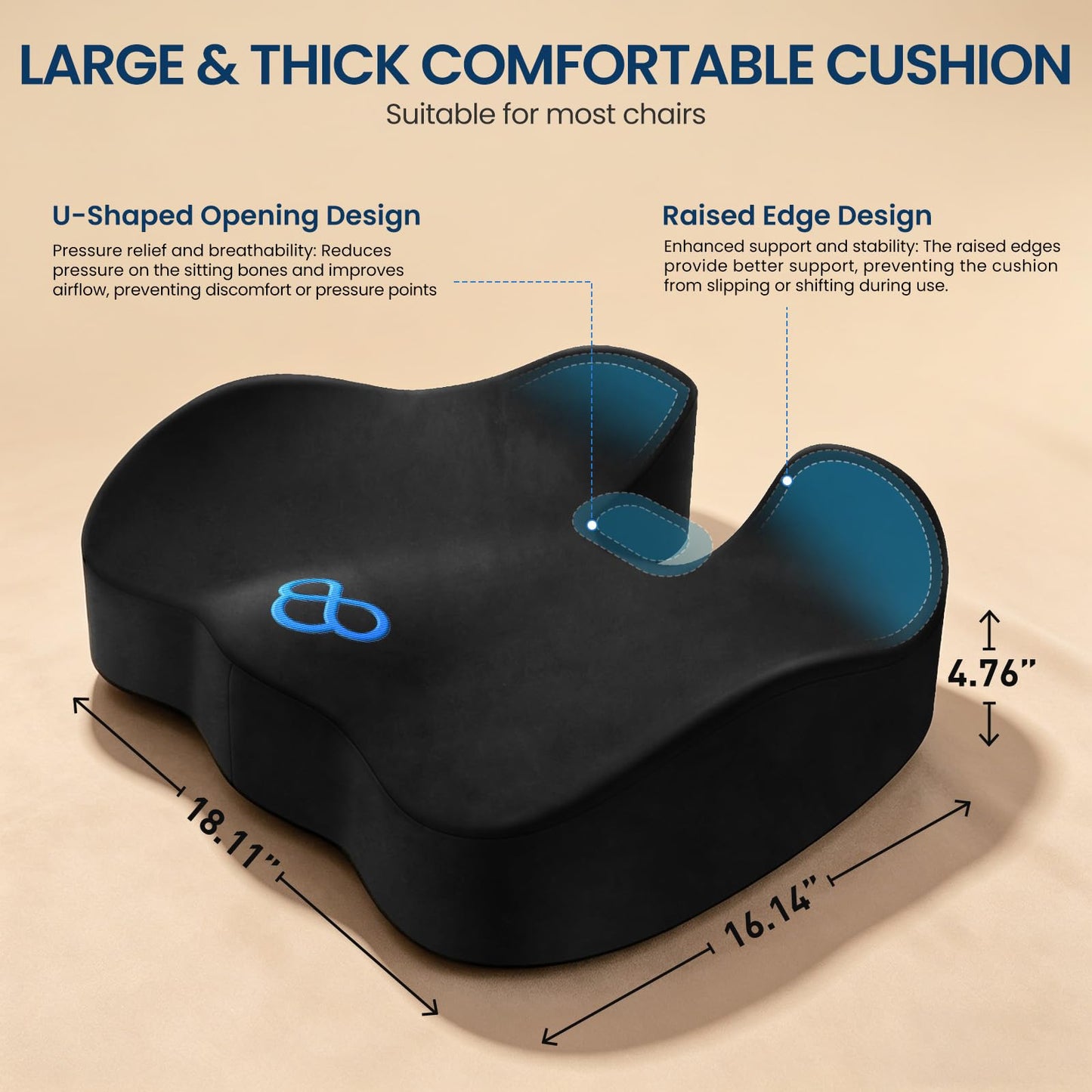 BlissTrends Seat Cushion with Velvet Cover, Thick Memory Foam Cushions for Office Chair, Car Seat, Airplane, Relieving Pressure Tailbone Sciatica Back Pain for Long Sitting, Car Drivers 4.7in Black