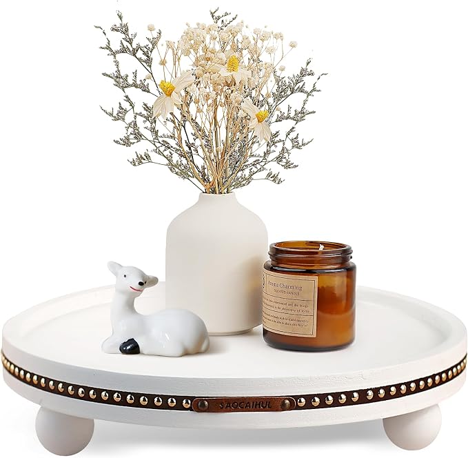 Farmhouse Decorative Round Tray, 11.81 Inch, Versatile Centerpiece Tray for Coffee Table Kitchen Living Room Bathroom, Home Decor Accent White