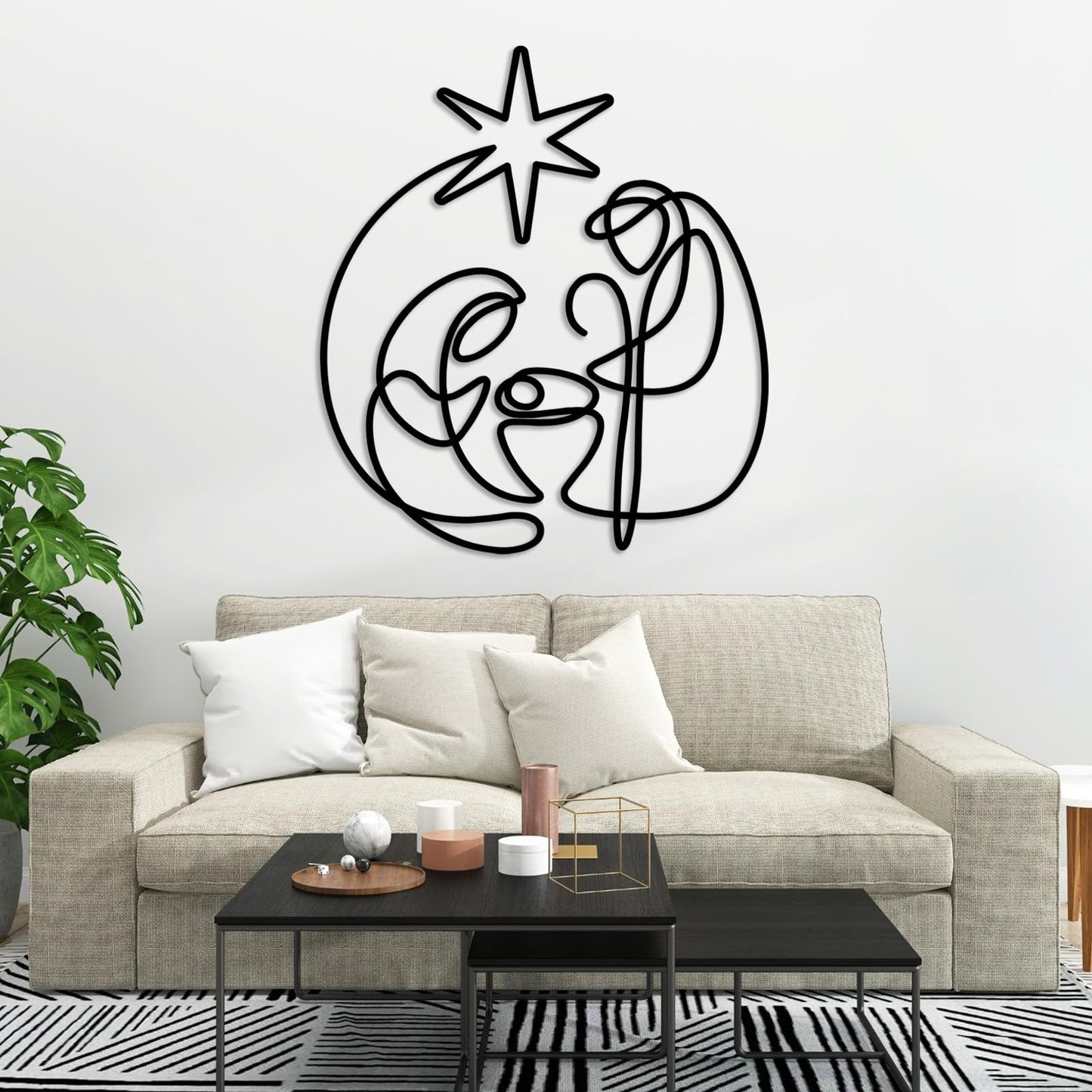 SZI Nativity Scene Metal Wall Art, Line Art Religious Christmas Decor, Minimalist Wall Art for Living Room, Bedroom (Black, 24"x21"|60x53cm)