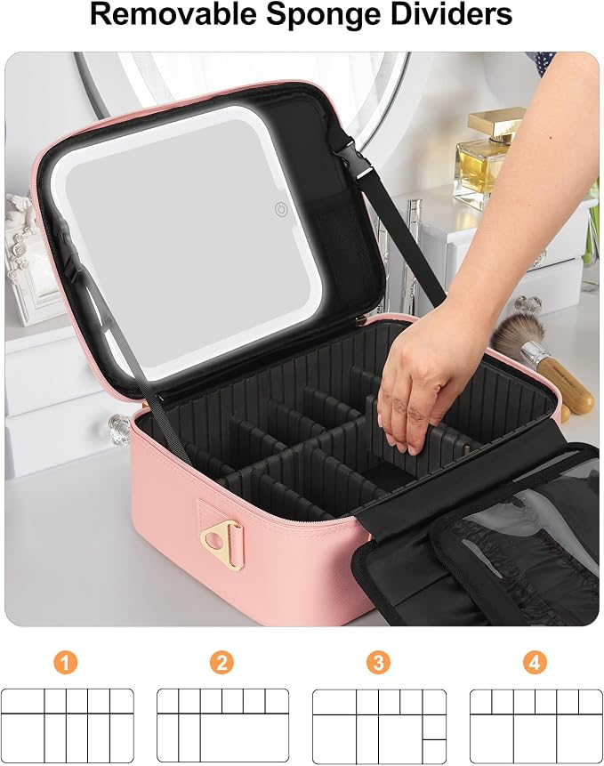 Relavel Travel Makeup Bag With LED Mirror, Portable Cosmetic Bag Organizer with Adjustable Brightness in 3 Color Scenarios, Professional Large Cosmetic Train Case with Shoulder Strap - Pink