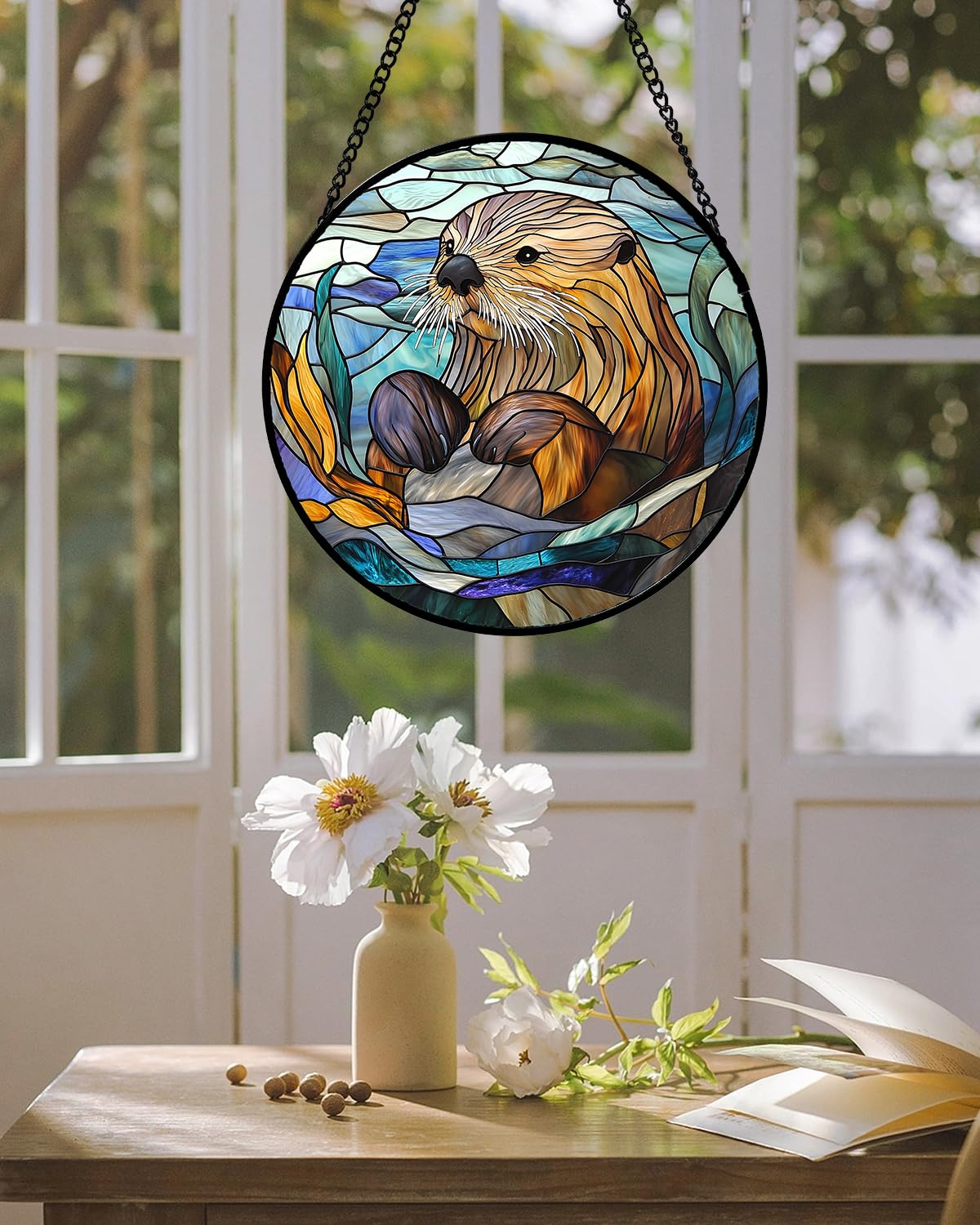 AMDERVEN Stained Glass Suncatcher, Blue Ocean Cute Sea Otter Sun Catcher Stain Glass Window Hanging Decoration Mother's Day Birthday Gifts for Women Men Mom Nana 9.8 in