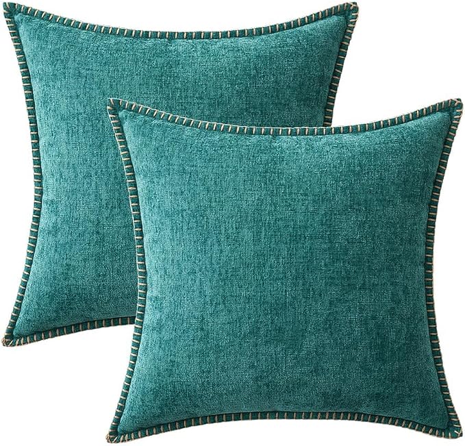 MIULEE Pack of 2 Couch Throw Pillow Covers 18x18 Inch Teal Farmhouse Decorative Pillow Covers with Stitched Edge Soft Chenille Solid Dyed Summer Pillow Covers for Sofa Bed Living Room