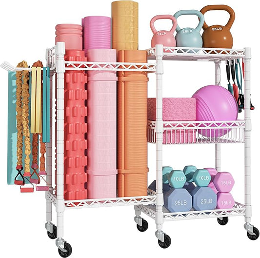 FUTASSI Home Gym Storage, 3 Tiers Workout Equipment Organizer with Wheels for Yoga Mats, Foam Roller, Dumbbells, Kettlebells, and Resistance Bands