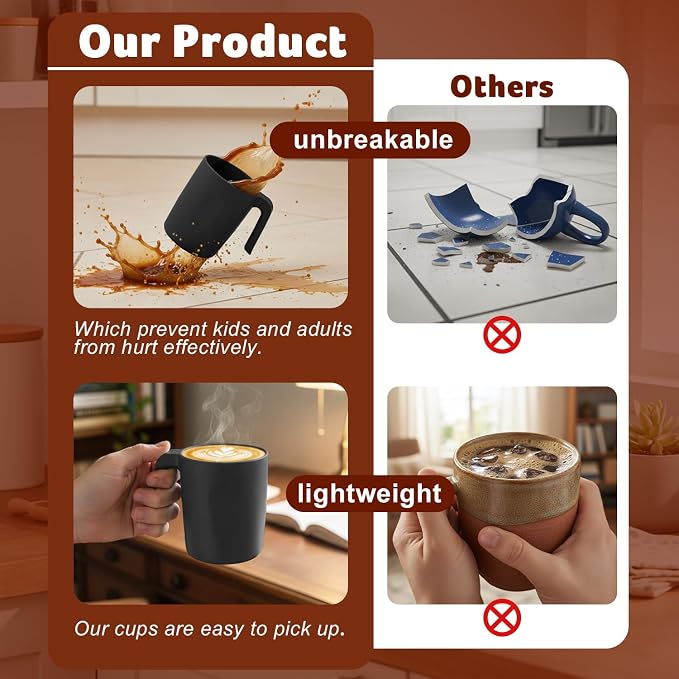 Wheat Straw Coffee Mugs 16 OZ, Unbreakable Drinking Cups with Handle Set of 6, Alternative to Plastic Reusable Coffee Cups, Microwave Safe & Dishwasher Safe Coffee Cup Set for Kichen, Black