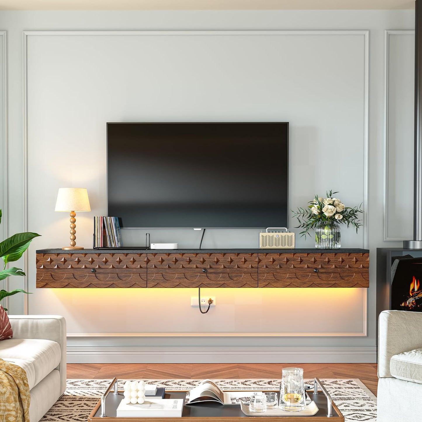 FurniNova 70'' Floating TV Stand Wall Mounted, Fully Assembled Media Console with 2 Drawers and 1 Door, Wall Mounted TV Cabinet,Carved Wood Design,Natural Wood Finish