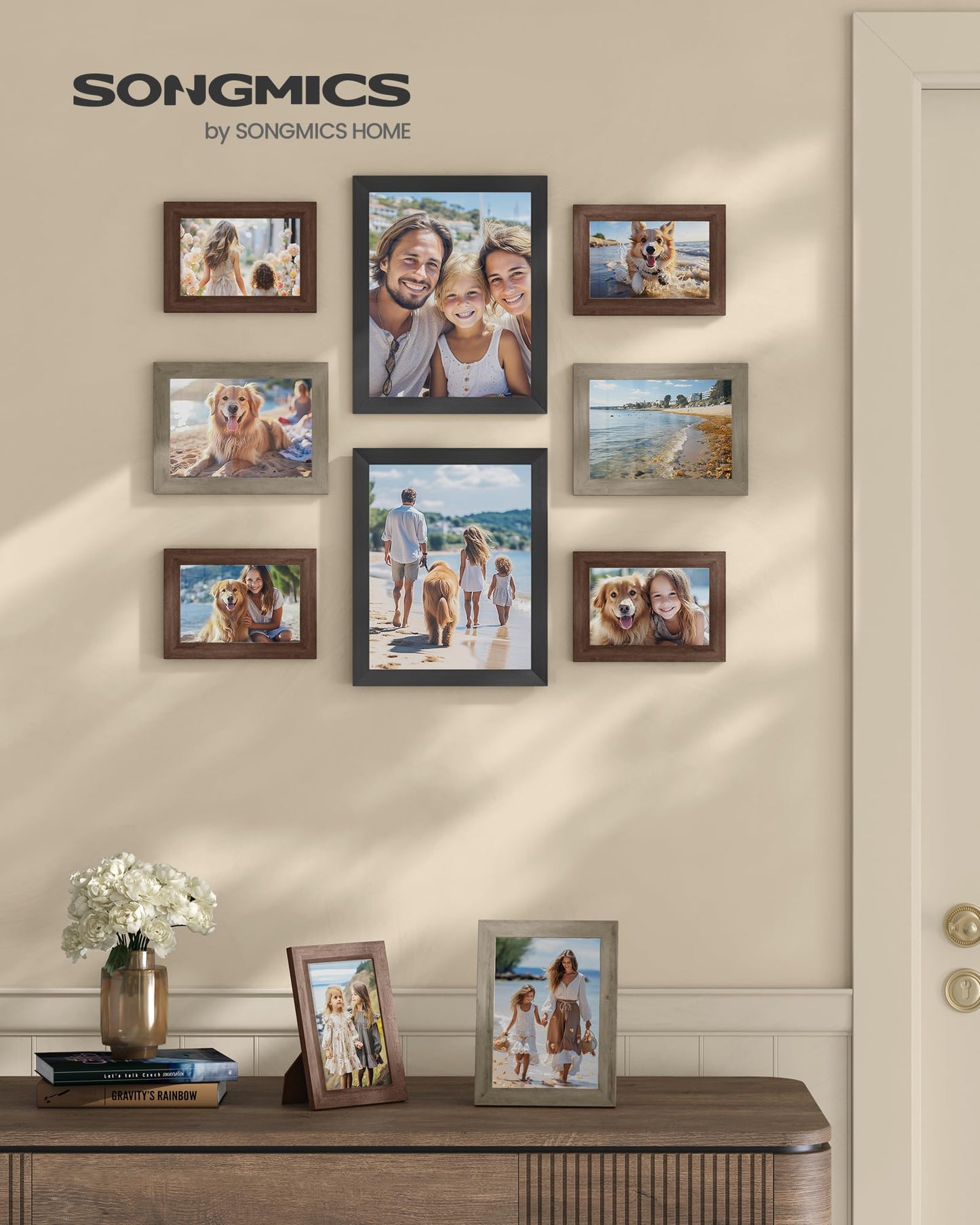 SONGMICS Picture Frames, Collage Picture Frames Set of 10, Two 8x10, Four 5x7, Four 4x6, Photo Frame for Wall Gallery Decor, Table Display, Glass, Maroon Brown, Heather Greige, Ash Black URPF010K03