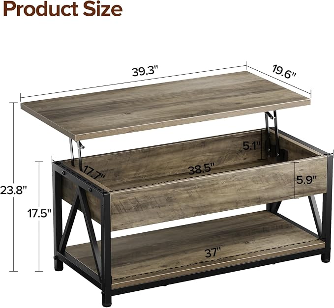 Memobarco Lift Top Coffee Table,Lift Coffee Table with Storage Shelf and Large Hidden Compartment for Living Room,Lifting top Coffee Tables for Small Space,Grey