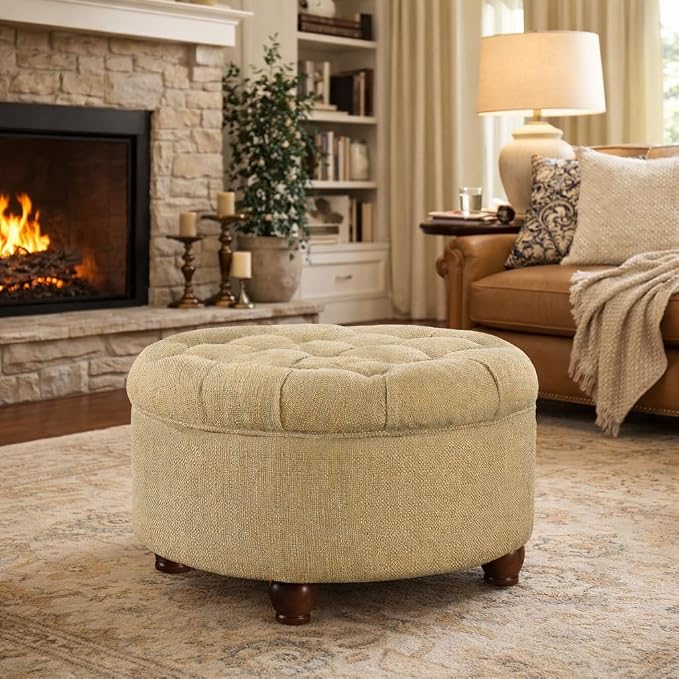 Homepop Home Decor |N8264-F1077 | Button Tufted Woven Round Storage Ottoman | Ottoman with Storage for Living Room & Bedroom, Tan & Cream Tweed