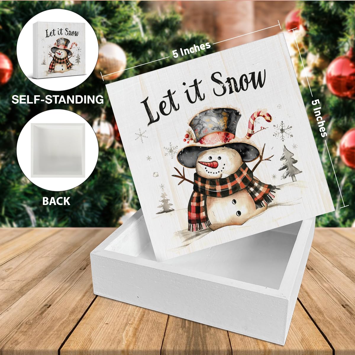 Let It Snow Christmas Decorations - Snowman Decor, Christmas Winter Wooden Sign, Home Decor for Desk Table Shelf 5 X 5 Inches