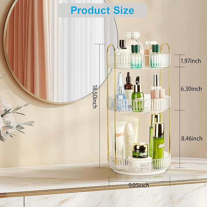 360 Rotating Makeup Organizer, 3 Tier Large Capacity Lazy Susan Bathroom Counter Organizer, Skincare Organizers, Spinning Perfume Organizer & Vanity Organizer Countertop (Golden Clear, 3 Tier)