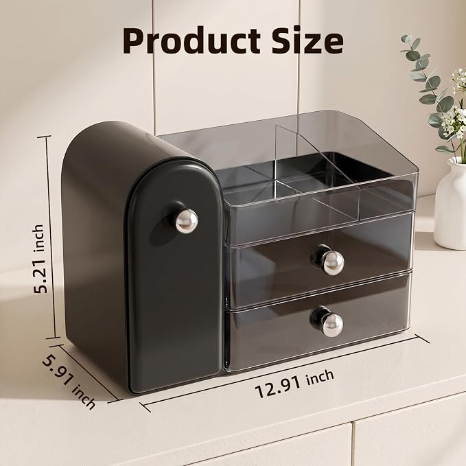 Makeup Organizer with Dustproof Brush Holder, Large Capacity Skincare & Cosmetic Storage for Vanity, 3-Tier Bathroom Countertop Organizer with Drawers for Perfume, Lipstick, Mask, Ideal Gift (Black)