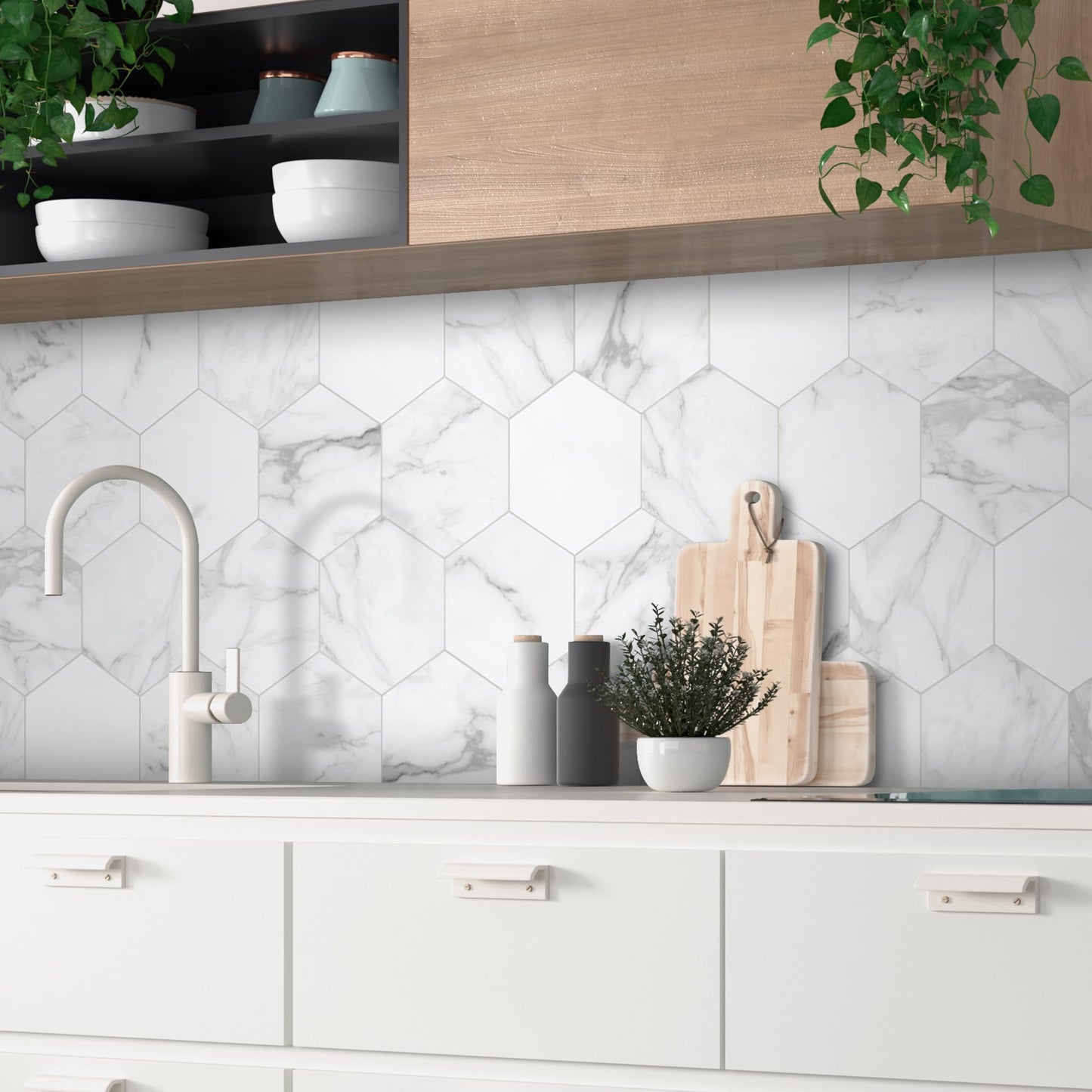INNO STICKERS 45-Sheet Hexagon Peel and Stick Backsplash, 6" x 7" White Calacatta Marble Looks Self Adhesive Wall Tile, Stone Composite Stick on Decorative Mosaic Tile for Kitchen Bathroom Fireplace