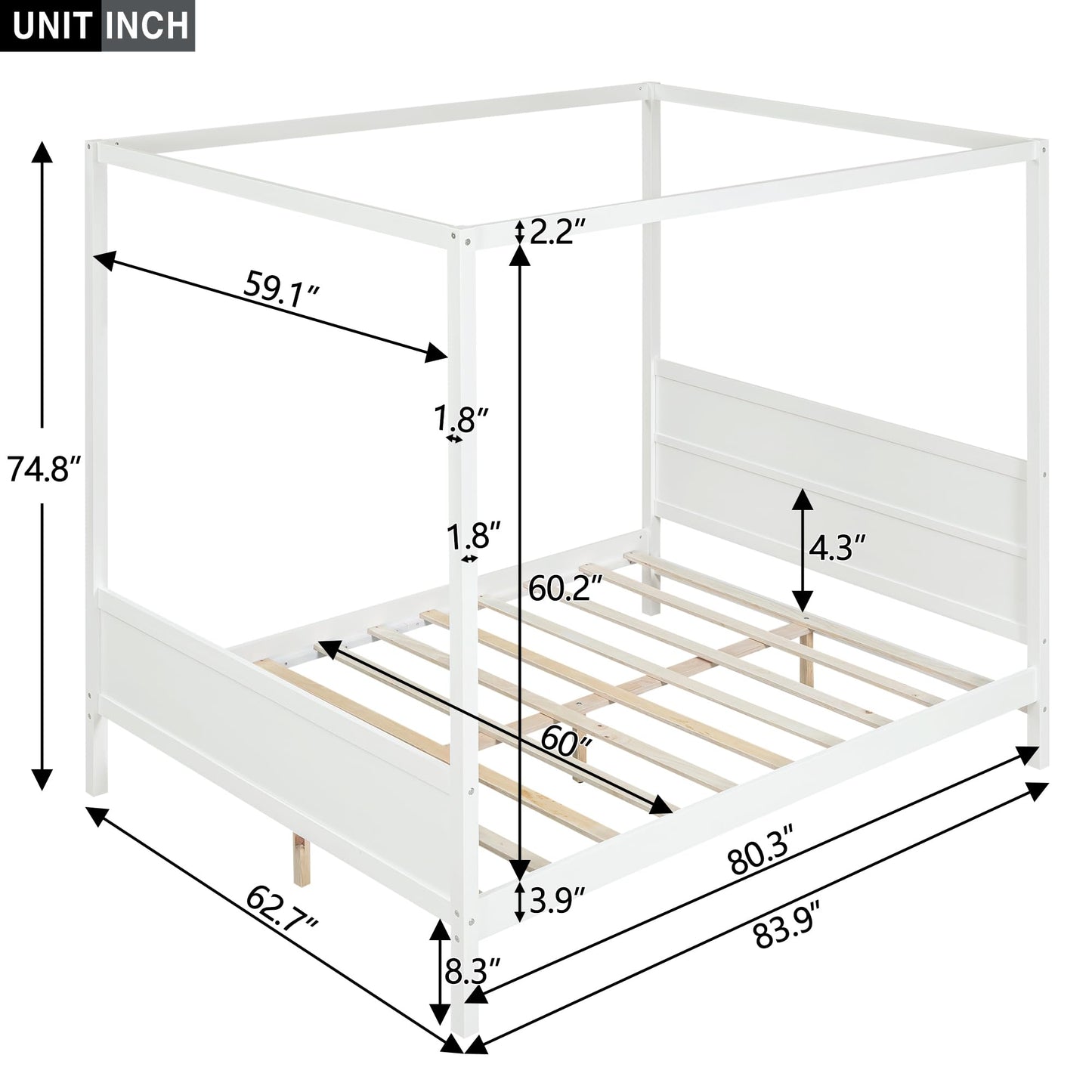 GDFStudio Queen Size Canopy Bed Frame, Wood Platform Canopy Bed Queen with Headboard and Footboard, Four Poster Canopy Bed Frame with Slat Support, No Box Spring Needed, Easy Assembly, White