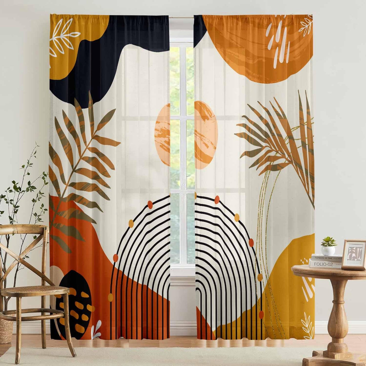 GOLDLAWN Boho Mid Century Abstract Leaves Curtains 52X84Inch Rainbow Living Room Curtain 2Pc Burnt Orange Curtains for Bedroom Modern Geometric Drapes Yellow Plant Colorful Curtain