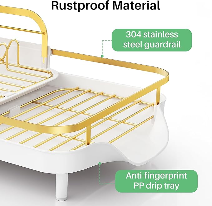 SAYZH Dish Drying Rack - Expandable Dish Rack for Kitchen Counter, Rust-Resistant Dish Drainer with Utensil Holder and Raised Guardrail, Kitchen Organizer for Cup and Bottle (Gold)