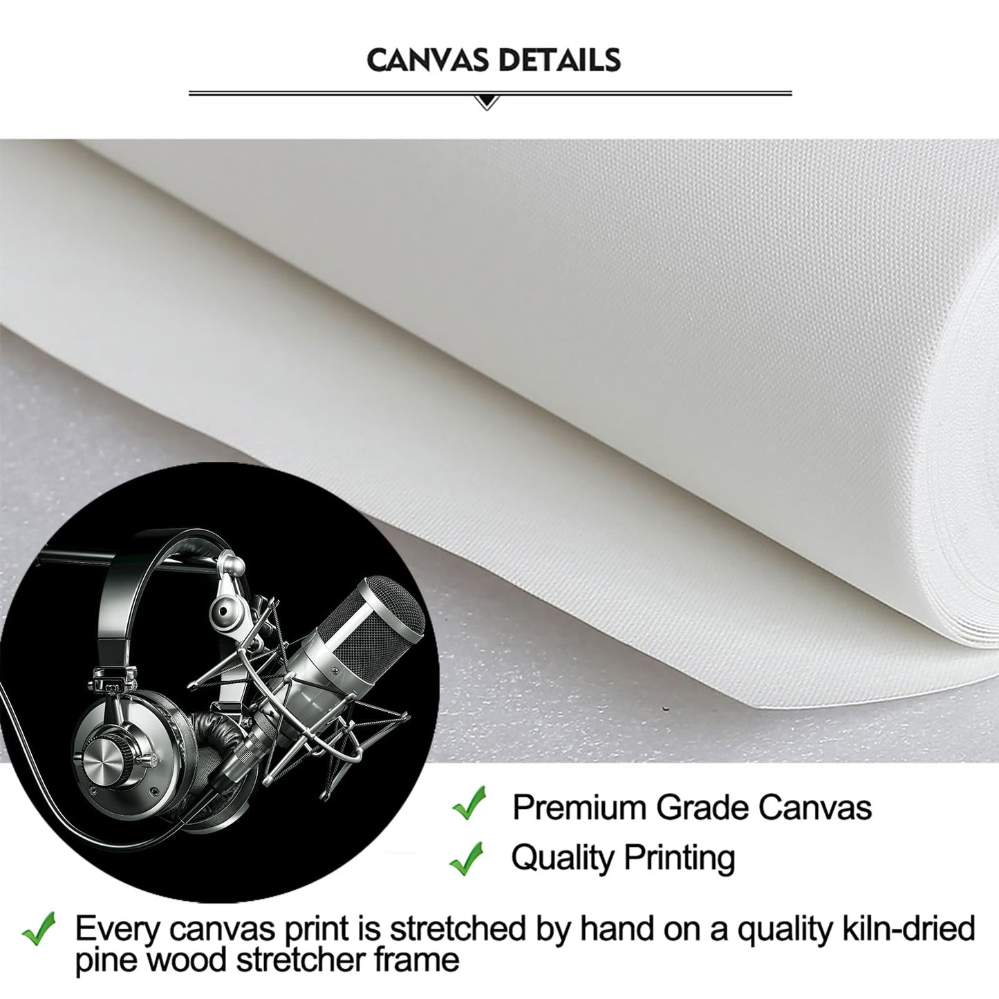 iKNOW FOTO 4pcs Black and White Headphones on Microphone Stand Canvas Print Wall Art Audio Recording Studio Equipment Pictures Musical Painting Contemporary Music Room Decorations 48x33