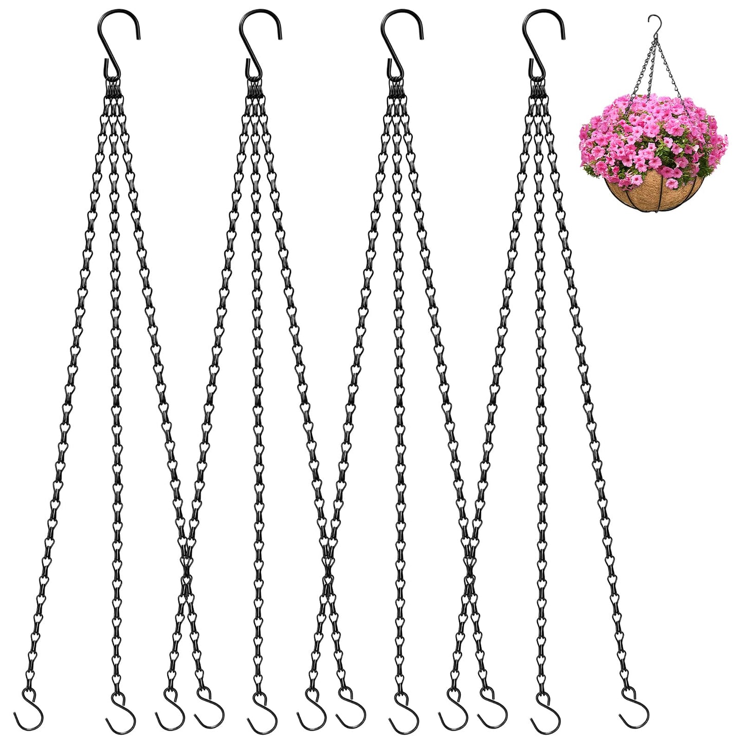 ZeeDix 4 Pack, 24 Inch Hanging Basket Chain with Hooks, Black Metal Planter Flower Pot Chain for Hanging Plants Outdoor, Adjustable Replacement Chain Plant Hangers for Lanterns Bird Feeders & Flowers