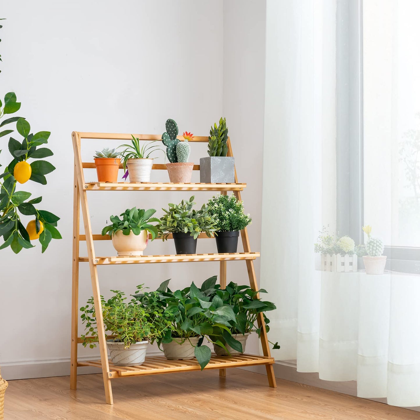 Giantex 3 Tier Folding Storage Shelf, Bamboo Ladder Plant Stand, Multiple Flower Pot Holder Succulent Display Rack, Foldable Shelving Unit for Balcony Garden Living Room Indoor Outdoor