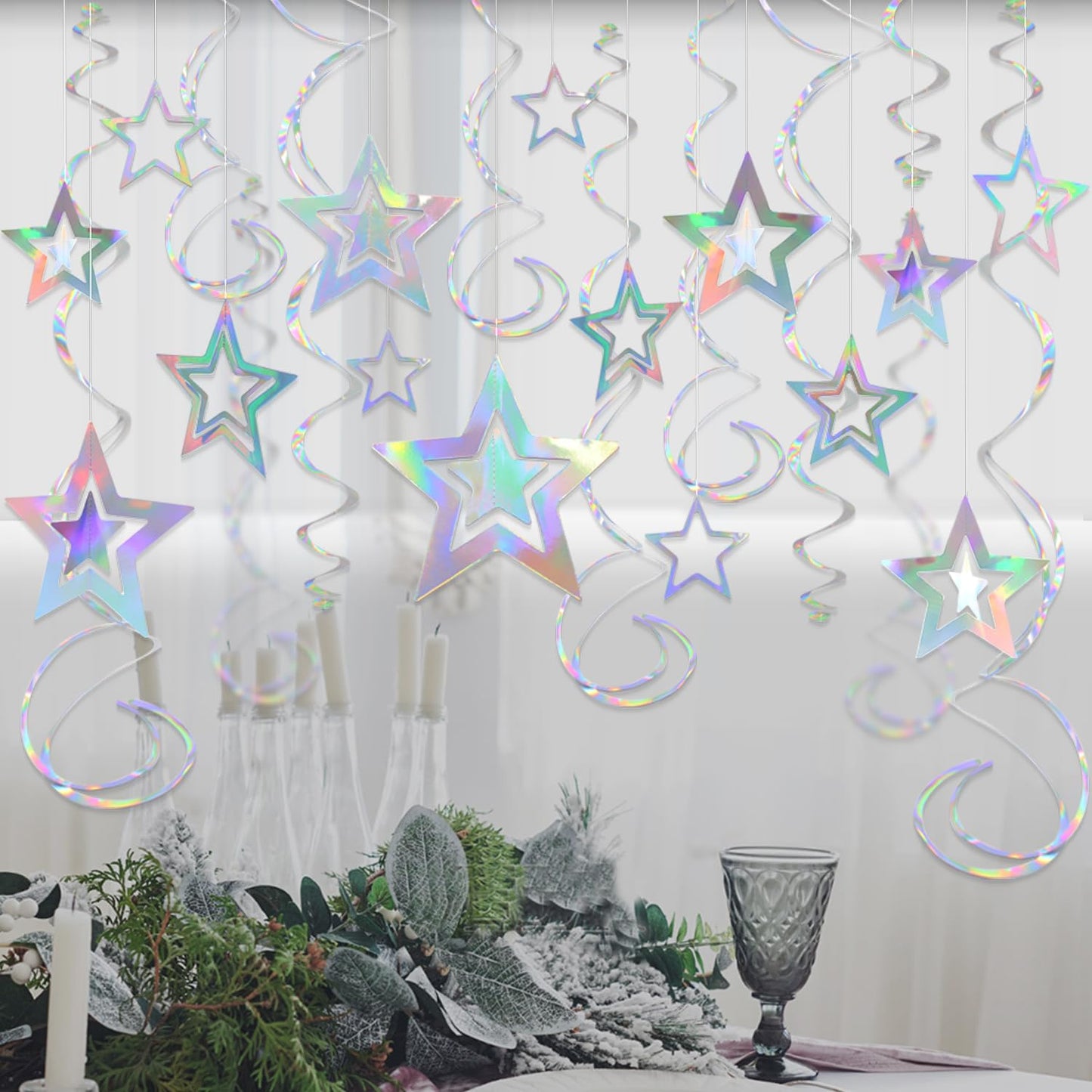 Iridescent 3D Hollow Star Garland with Holographic Foil Hanging Swirl Decorations Holographic Star Ornaments Bunting Banner Streamer for Birthday Baby Shower Wedding Ramadan EID Party Decor
