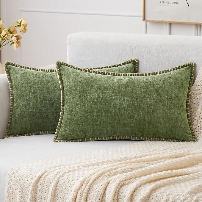 MIULEE Pack of 2 Lumbar Throw Pillow Covers 12x20 Inch Sage Green Farmhouse Decorative Pillow Covers with Stitched Edge Soft Chenille Solid Dyed Summer Pillow Covers for Couch Sofa Bed Living Room
