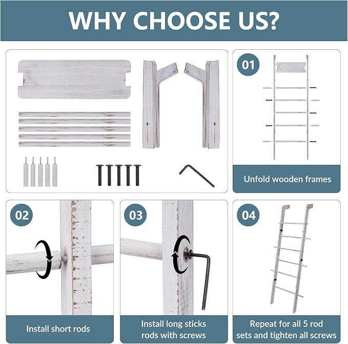 67" Wooden Blanket Ladder with Shelf and Hooks, 6-Tier Blanket Ladder for Living Room, Wall-Leaning Towel Ladder and Quilt Rack Storage, Farmhouse Decor Ladder for Display (Vintage White)