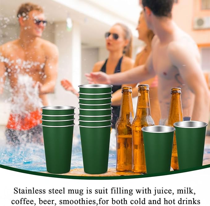 Mimorou 20 Pack 16 oz Stainless Steel Pint Cups Metal Cups Unbreakable Drinking Water Tumblers Stackable Tumbler for Adults Bar Home Restaurant Travel Picnic Camping Outdoor (Dark Green)