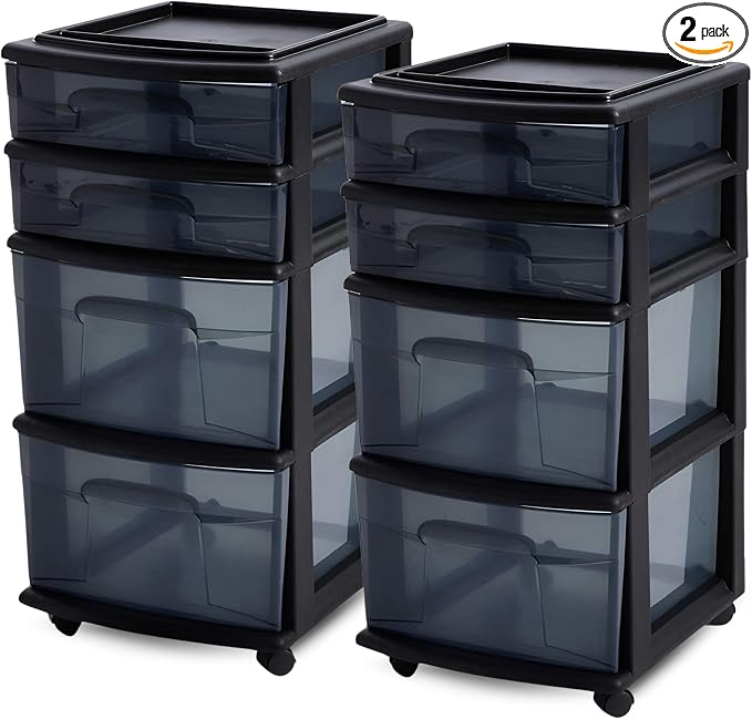 HOMZ 2-Pack Drawer Tower, 4-Tier Clear Plastic Storage Organizer Cart, Black Tint and Frame - Organizing Containers with Wheels for Home, Bathroom, Bedroom, Office, and Classroom