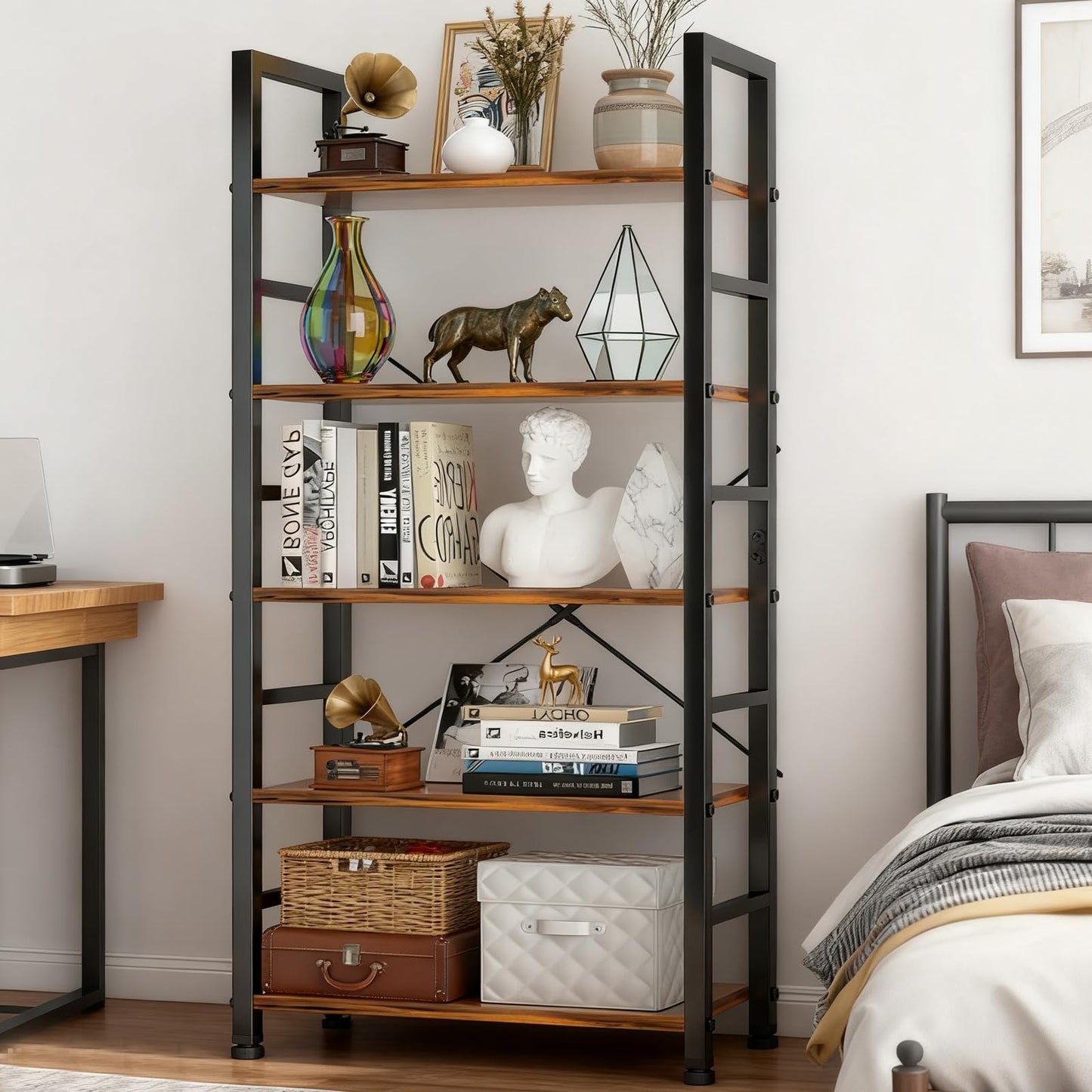 SageNest 5 Tier Bookshelf, Free Standing Wooden Bookcase with Open Storage Shelves with Metal Frame, Sturdy Shelf Organization Display Rack for Living Room, Bedroom, Home Office, 62.2" Tall, Brown