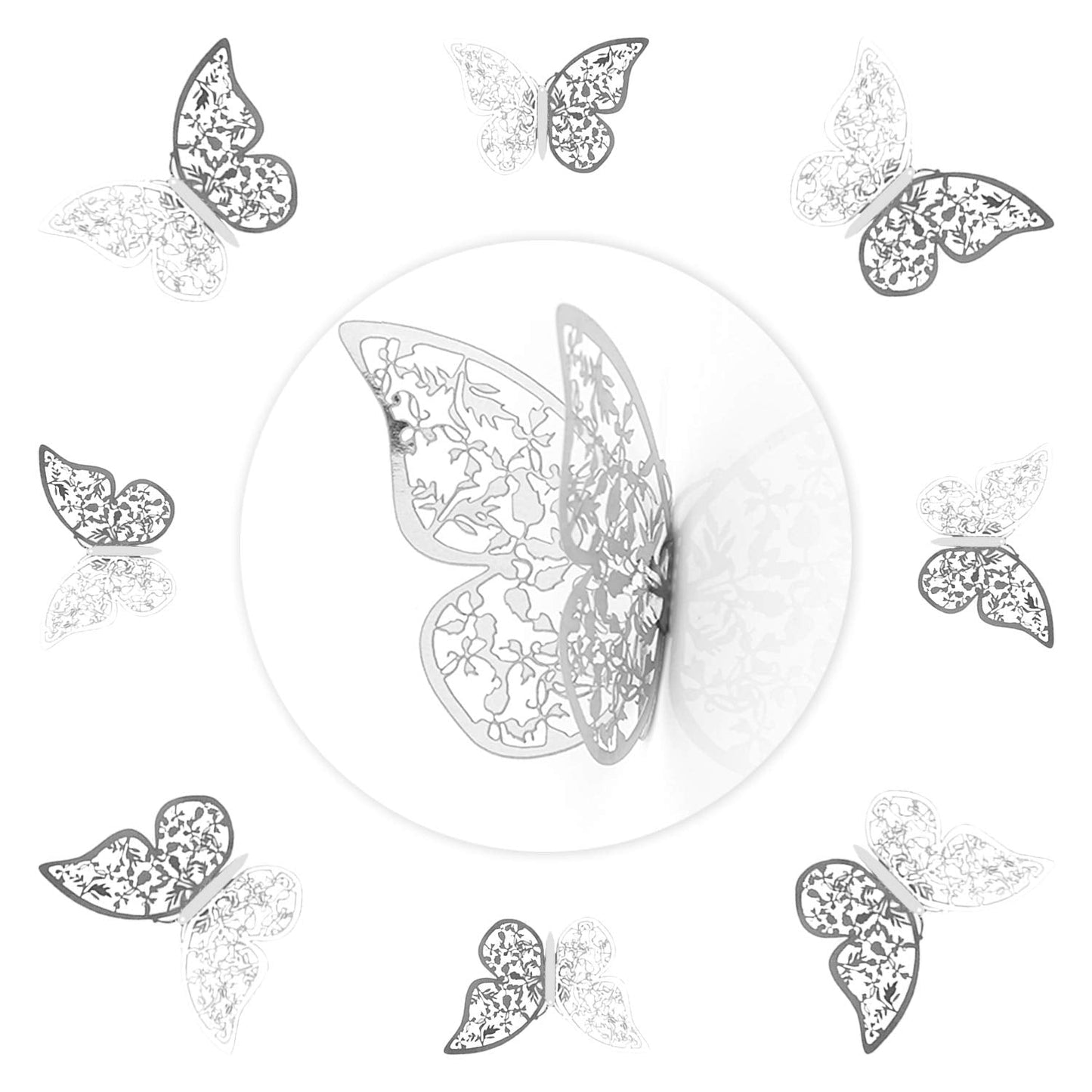 AIEX 24pcs 3D Butterfly Ornaments Removable Vivid Stickers with 3 Different Sizes (Silver)