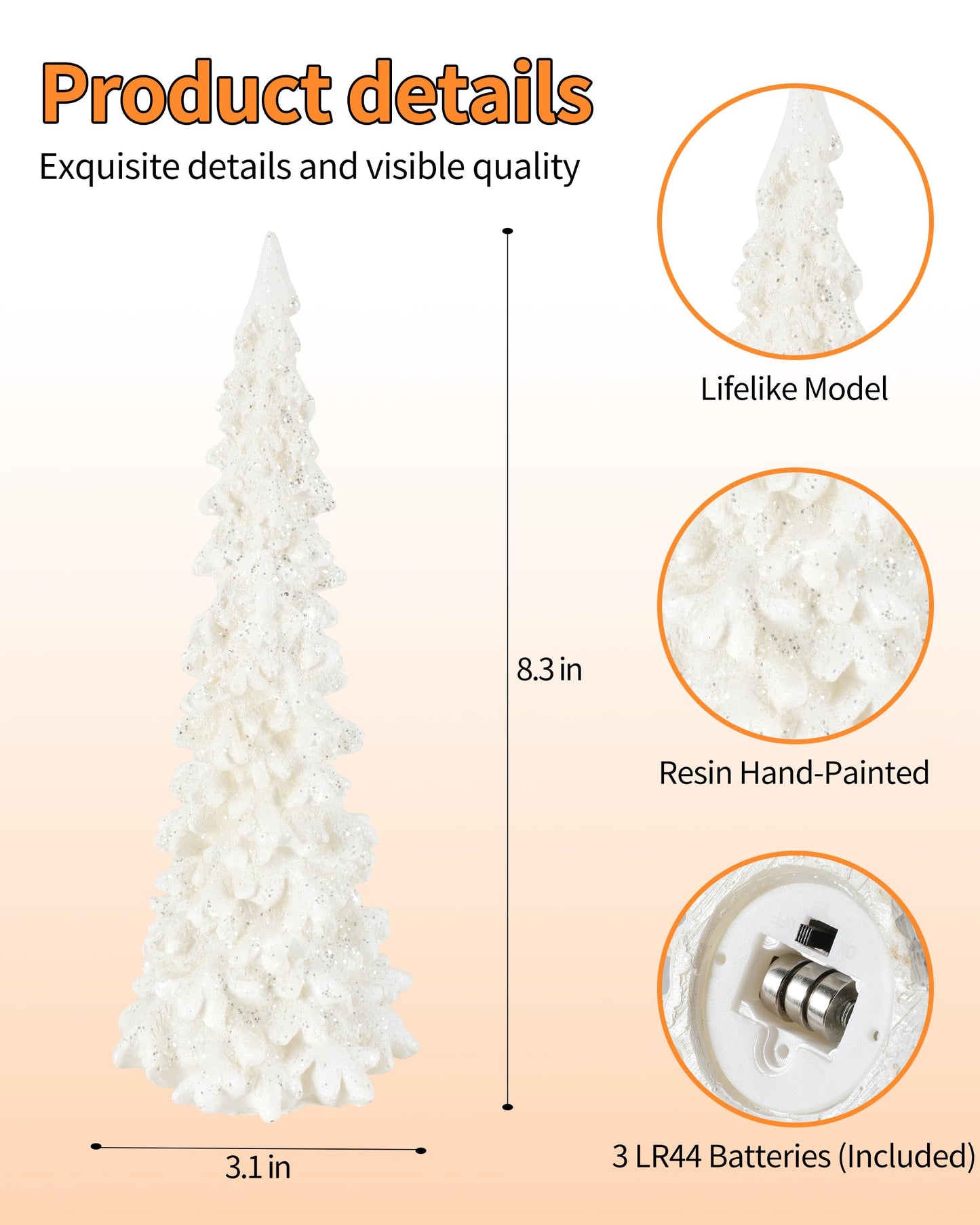 iStatue Tabletop Christmas Tree Decoration 8.3'' Tall - Set of 2 Mini White Resin LED Trees with Intricate Details Figurines - Indoor Holiday Decor and Xmas Gift (Trees)