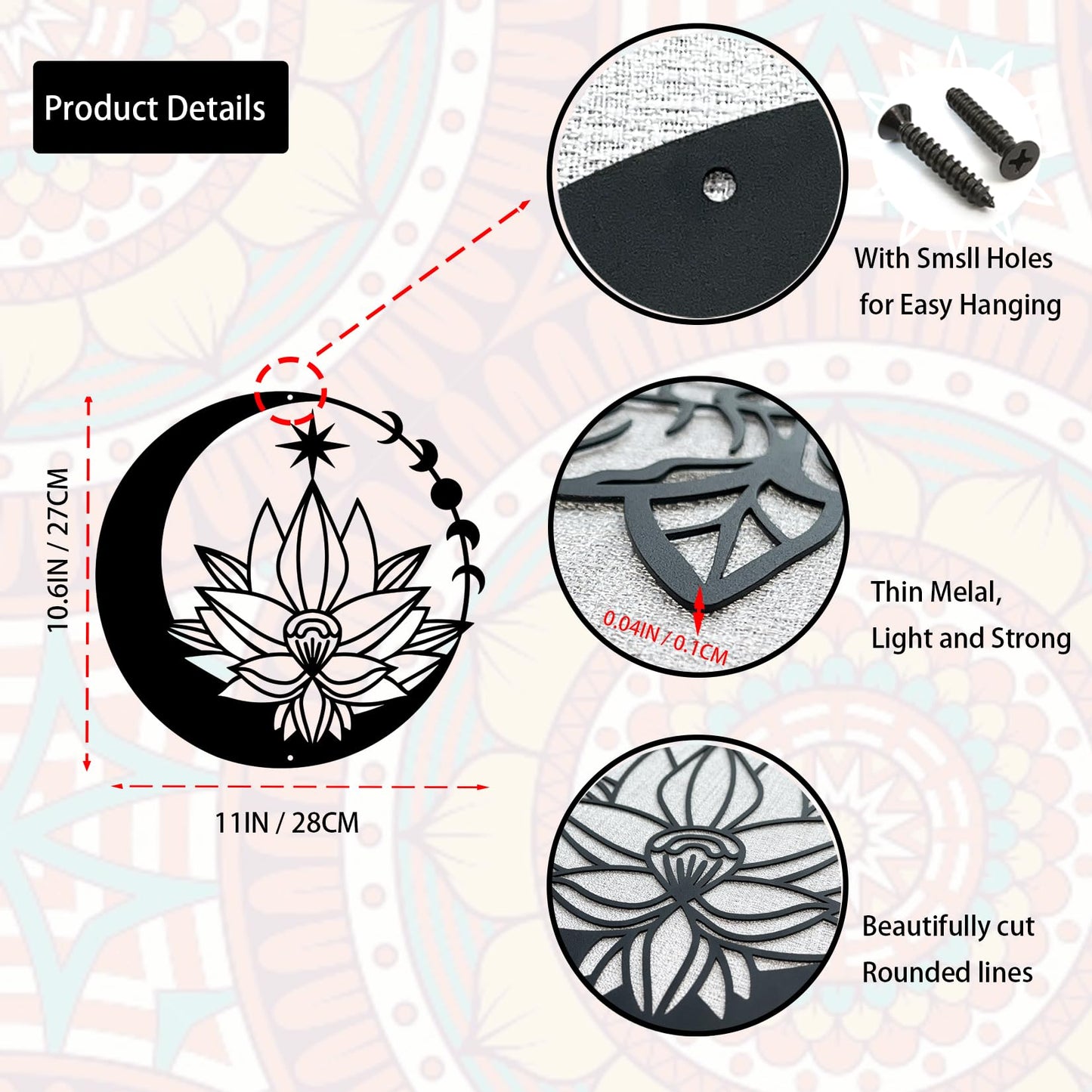 DUOOLN Moon Metal Floral Art Decor, 11" Black Boho Floral Star Phase Wall Sign, Half Moon Flower Sculpture Hanging Wall Decor for Bedroom Living Room Home Wall Decoration