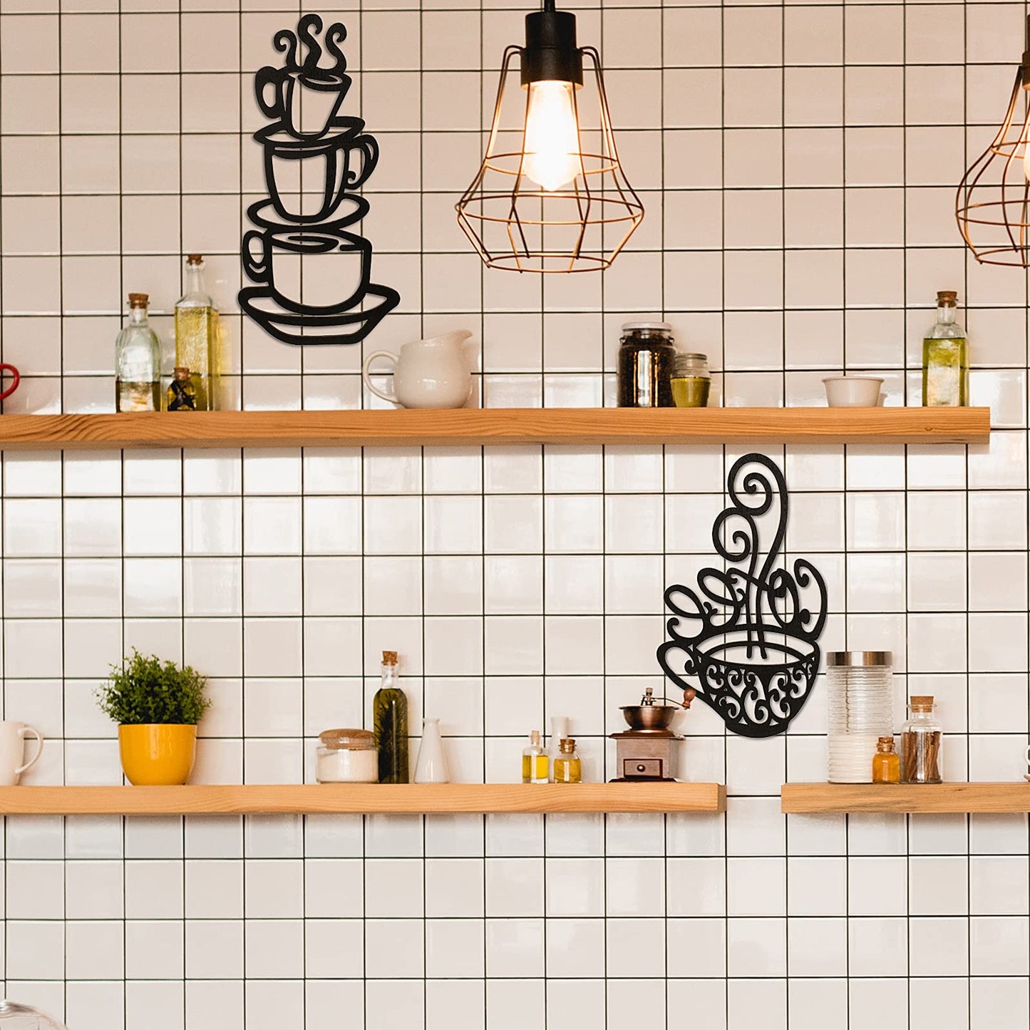 Jetec 2 Pieces Coffee Wall Decor Black Cup Silhouette Kitchen Wall Art Decor Coffee Bar Accessories