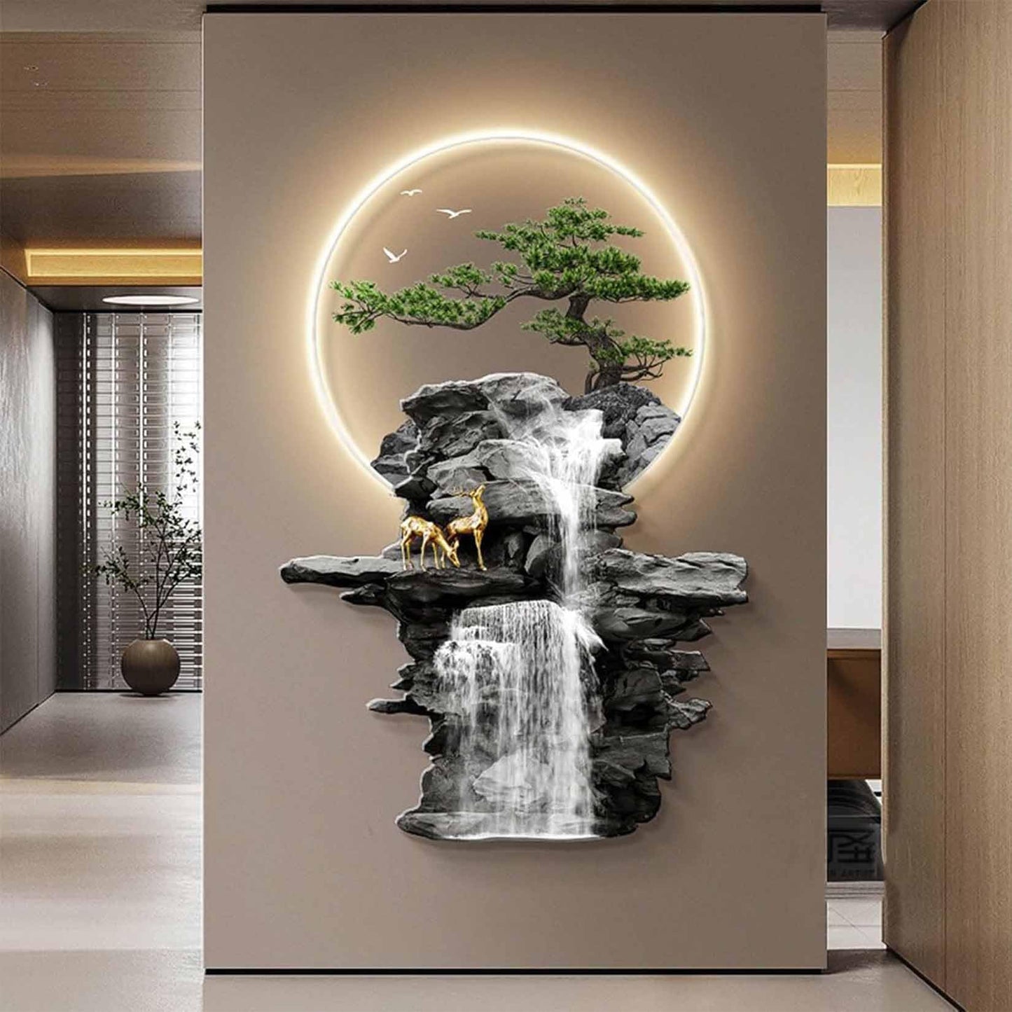 YFQHRXYS 3D Oriental Waterfall Wall Art with LED Light,Oriental Welcoming Pine Landscape for Living Room Office Decor,Modern Art Wall Decor Sculptures, Plug-in Power Supply, Remote Control（50 * 75cm）