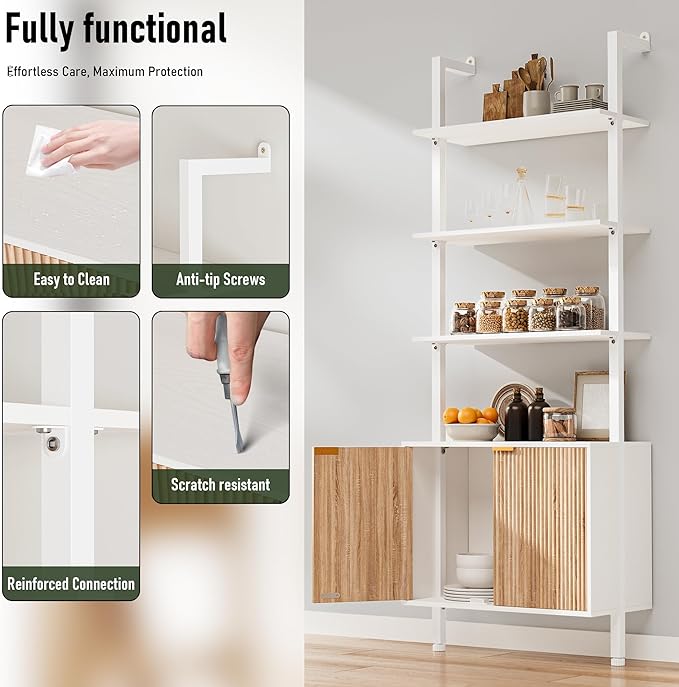 INNOD 74" Tall Bookshelf with Storage Cabinet, Modern Ladder Shelf with Wood and Metal Frame, Wall Mount Bookcase Open Display Shelf Furniture for Living Room, Bedroom, Home Office, White and Oak