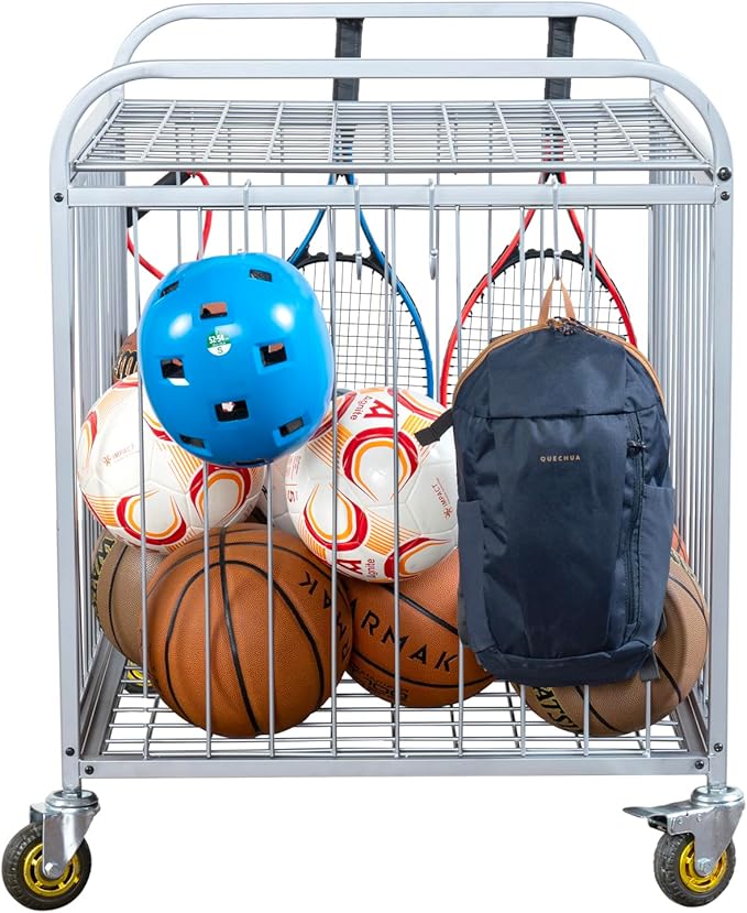 MyGift Large Capacity Metal Rolling Multi Sports Ball Cage Storage Hopper, Gym Equipment Basket Cart with Lockable Latch, Heavy Duty Caster Wheels, and 8 Accessory Hooks