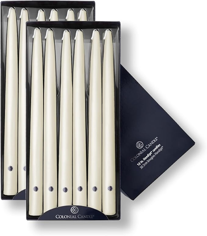 Colonial Candle Unscented Taper Candle, Handipt Collection, Ivory, 12 In, Pack of 12 - Up to 10 Hours Burn