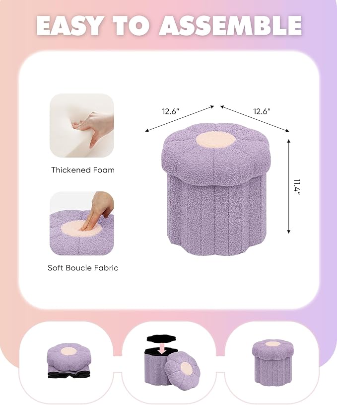 B FSOBEIIALEO Storage Ottoman Foldable, Sunflower Shaped Small Footrest Collapsible Folding Seat Bench for Bedroom Living Room Entryway, Faux Teddy Fur, Purple 12.6"x12.6"x11.4"