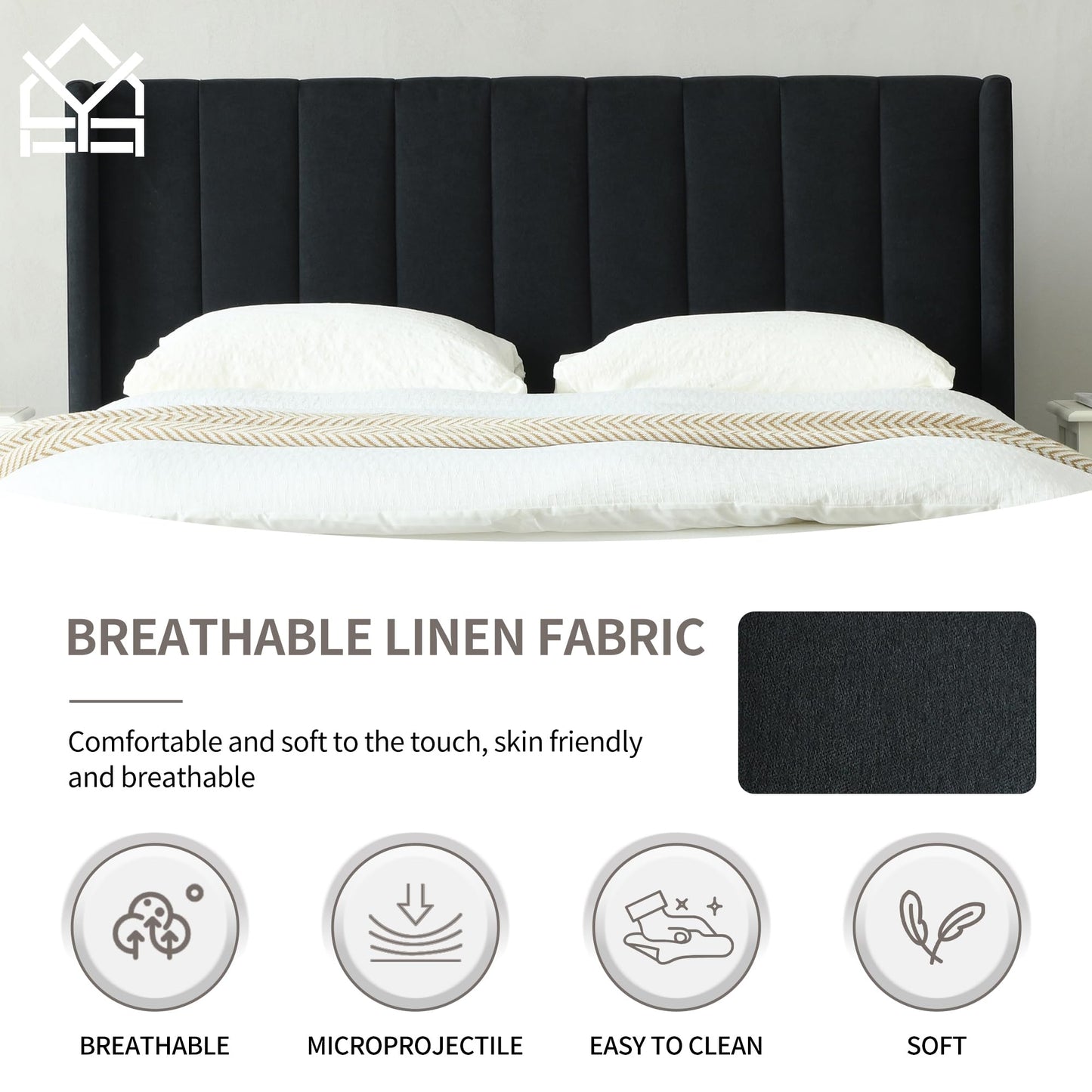 YUHUASHI upholstered Platform Bed Frame/Full Bed Frame/Modern Geometric Double-Wing Design headboard/Linen Fabric/Easy to Assemble no Noise (Black, Full)