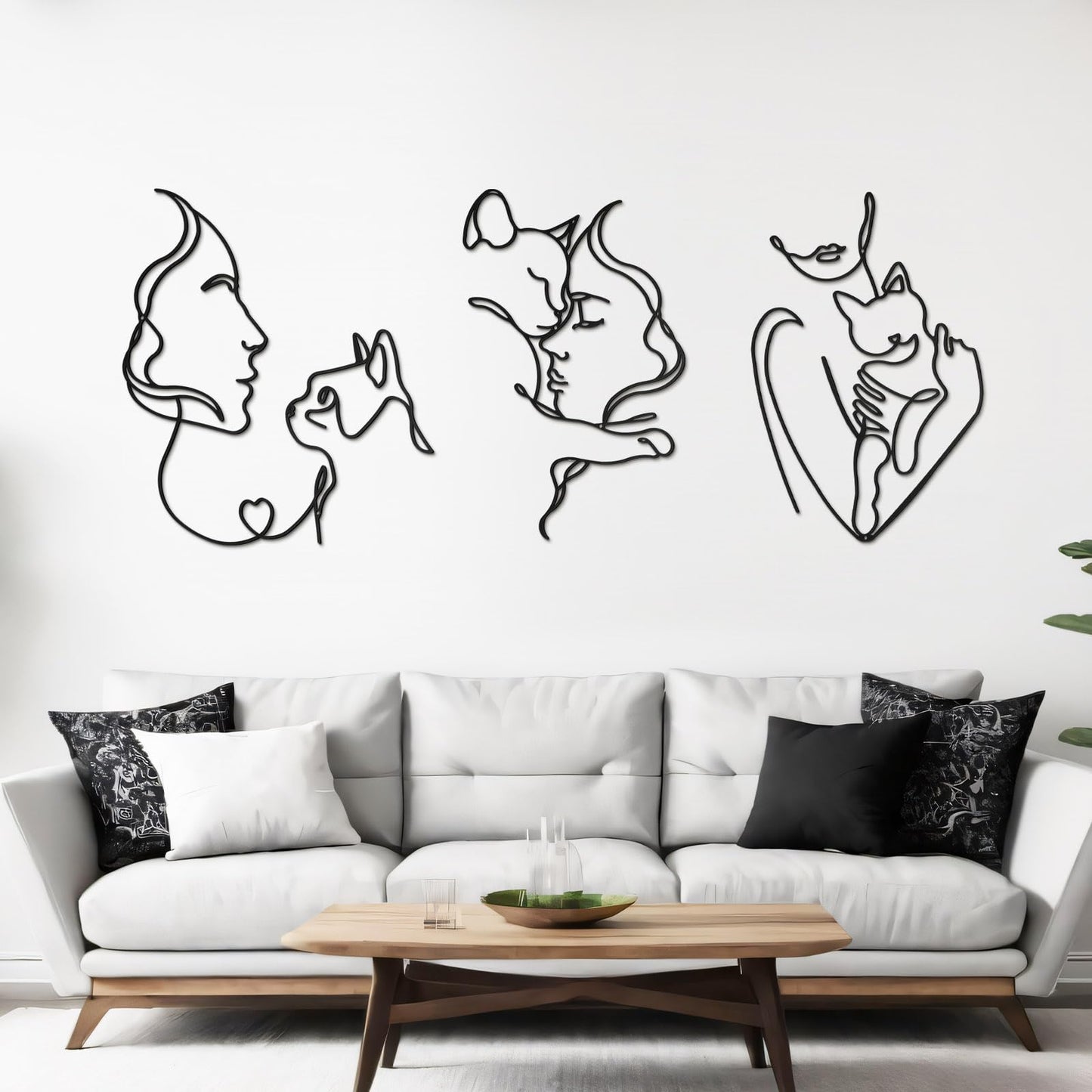 Otoolling 3 Pcs Black Metal Cat Wall Art Decor Women Cats Decor for Cat Lovers Metal Minimalist Girls & Cats Line Drawing Wall Art for Bedroom Living Room Bathroom(Classic)