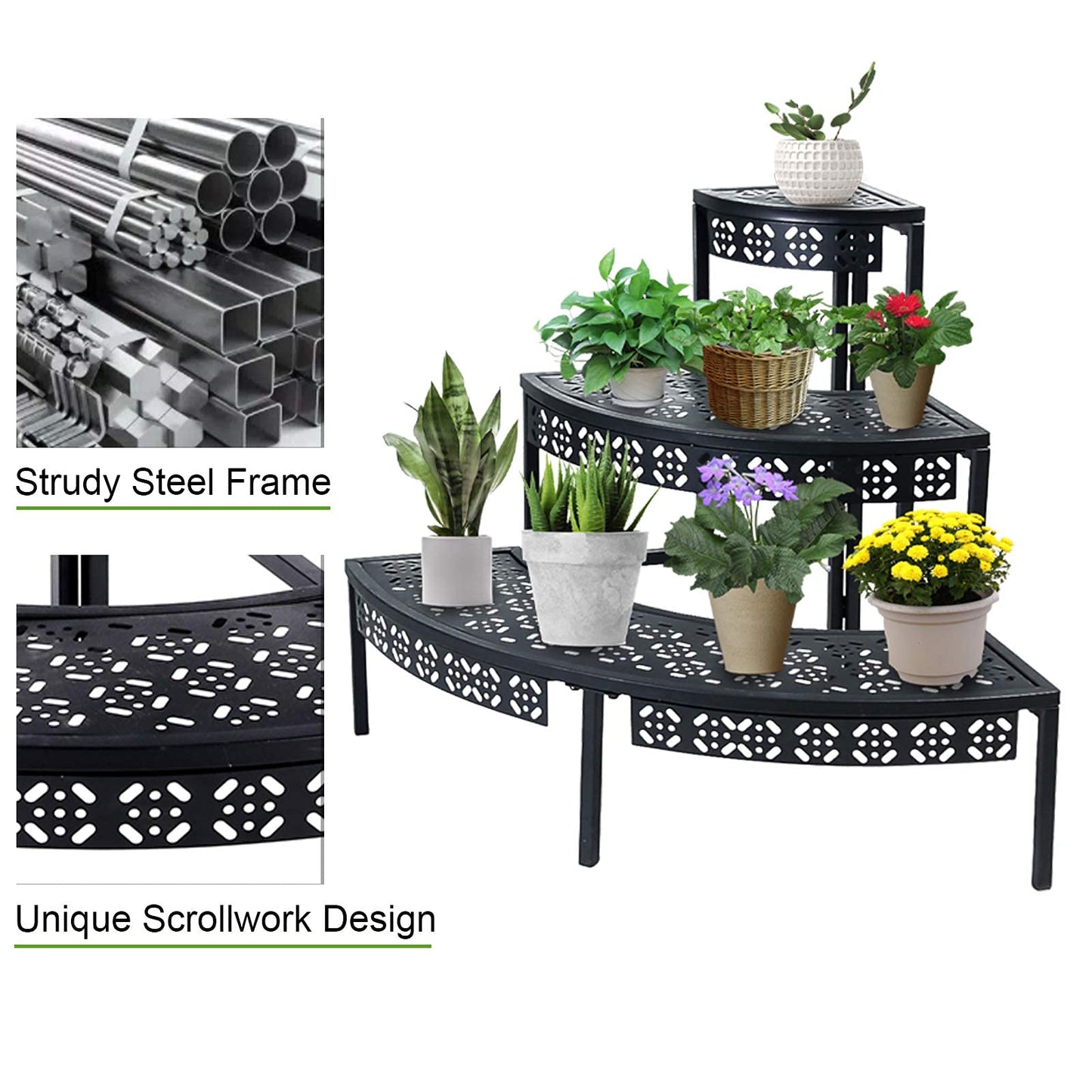 3 Tier Plant Stand Semi-Circular Flower Pot Organizer Rack Quarter Round Plant Display Holder Outdoor Storage Shelves Metal Corner Shelf Planter Shelving Ladder Plant Stand for Indoor Use(Black)