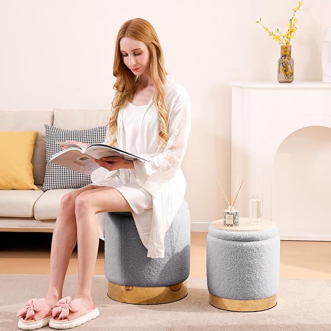 YYW HOME Sherpa Round Ottoman Set of 2 with Storage, 12 Gallon Hidden Storage Ottoman, Multi-Functional Footrest Stool, Vanity Seat, Coffee Table, No Assembly Required, Holds 300lbs (Gray)