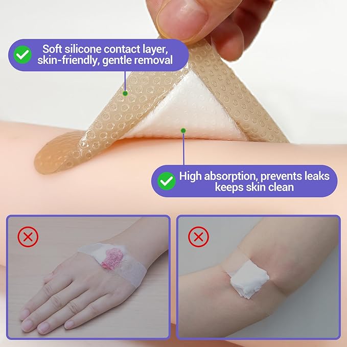 Silicone Foam Dressing 2" x 2" with Border, High Absorbency Wound Bandage, Gentle Adhesion, Soft Breathable Silicone Bandages for Wound Care, Pack of 10