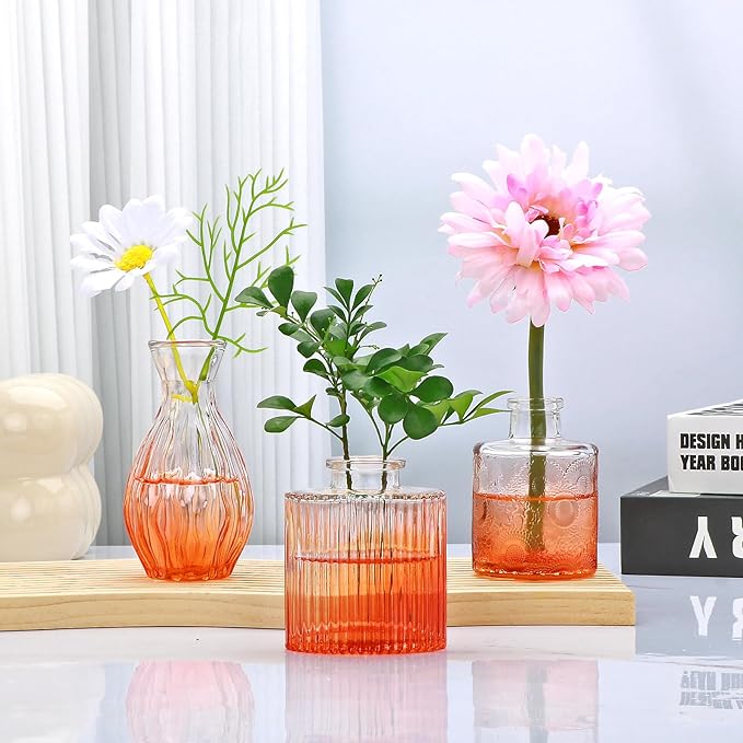 Mapoxy Glass Bud Vases Set of 4,Small Orange Flower Vases for Wedding Centerpiece Table Decorations,Clear Vintage Embossed Mini Vases,Flower Arrangements in Vases for Party or Home Decor