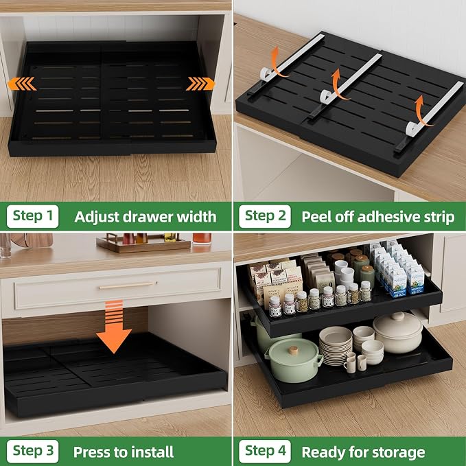 PAKETA 4 Pack Expandable Pull Out Cabinet Organizer, 21'' Deep Pull Out Drawers for Cabinets, Upgrade 3 Slide Rails Sliding Drawers for Cabinet with Adhesive Nano Film (Black, 21"D X 15-26"W ）
