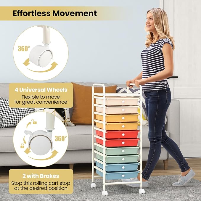 COSTWAY 10-Drawer Rolling Storage Cart, Utility Mobile Trolley with Removable Drawers & Universal Casters & 2 Brakes, Versatile Flexible Drawer Organizer Cart for Home, Office, Macaron